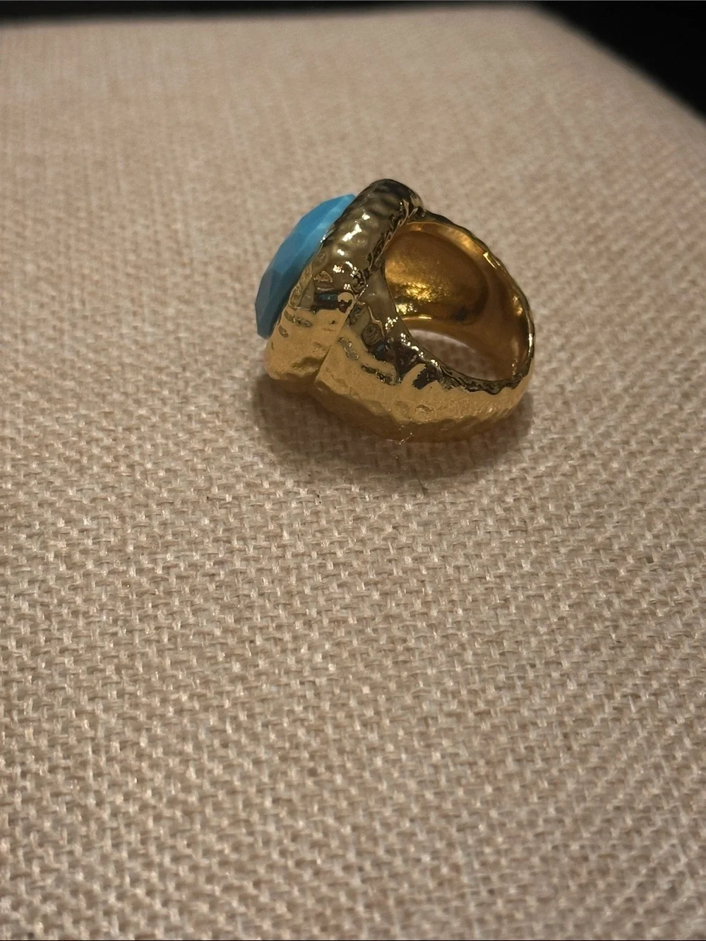 Gold Hammered Statement Ring with Turquoise Cabochon - Women Jewelry
